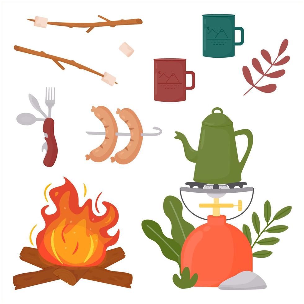 Camping kit. Gas stove with coffee kettle. The burner.  Campfire, bonfire. Portable cutlery set - knife, spoon, fork, opener. Mug.  Smoked sausages on a skewer. Marshmallows. vector