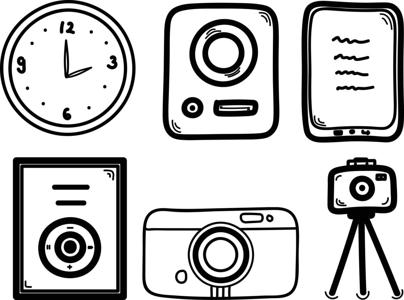 Set of hand drawn doodle icons of camera, alarm clock, smart phone, photo camera. Vector illustration