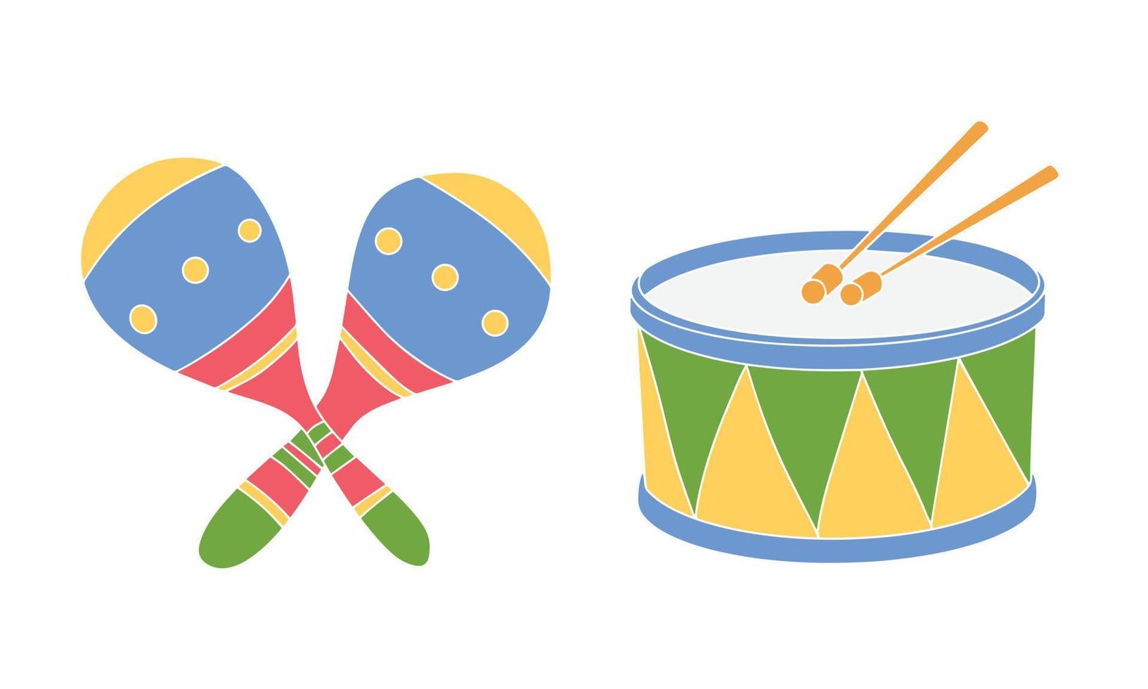 Maracas and drum. Set of traditional musical instruments. Hand drawn vector illustration.