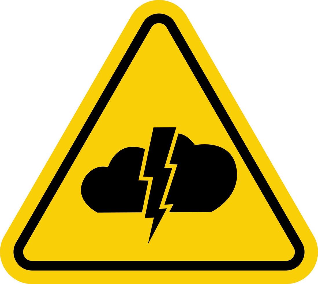 Storm warning sign. Yellow triangle sign with lightning and cloud icon inside. Beware of bad weather. Thunderstorm danger. Watch out for lightning bolts. Hurricane, thunderstorm, storm, squally wind. vector