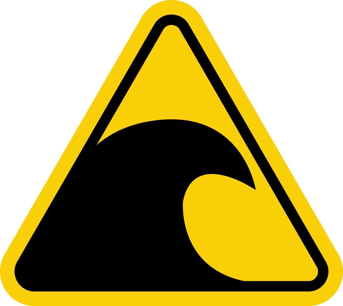 Tsunami sign. Tsunami warning sign. Yellow triangular sign with a tsunami wave icon inside. Beware of big waves. Risk of drowning. Storm warning.. vector