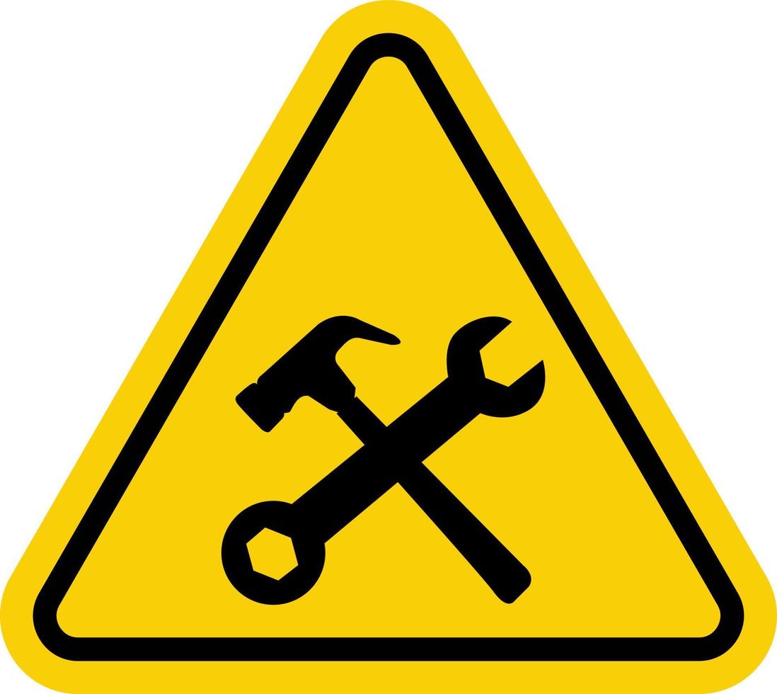 Under construction sign. Warning sign under construction. Yellow triangle sign with crossed hammer and wrench icon inside. Caution at the construction site. Workers, machinery and other obstacles. vector