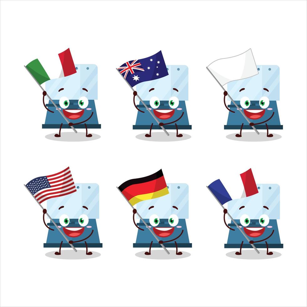 Automatic espresso coffee cartoon character bring the flags of various countries vector