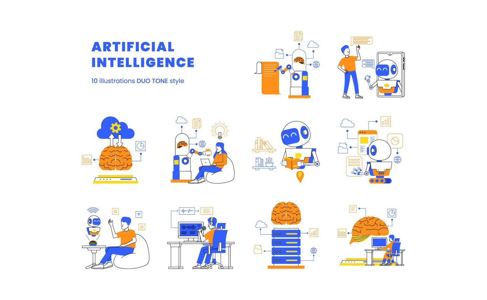 artificial inteligencia futuro tecnología con robot máquina aprendizaje cálculo a ayuda humano tarea ilustración conjunto con dúo tono color estilo para ui página web vector