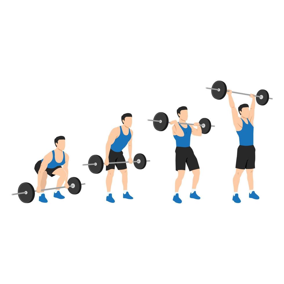 Man doing full barbell clean and presses or jerk or overhead presses vector