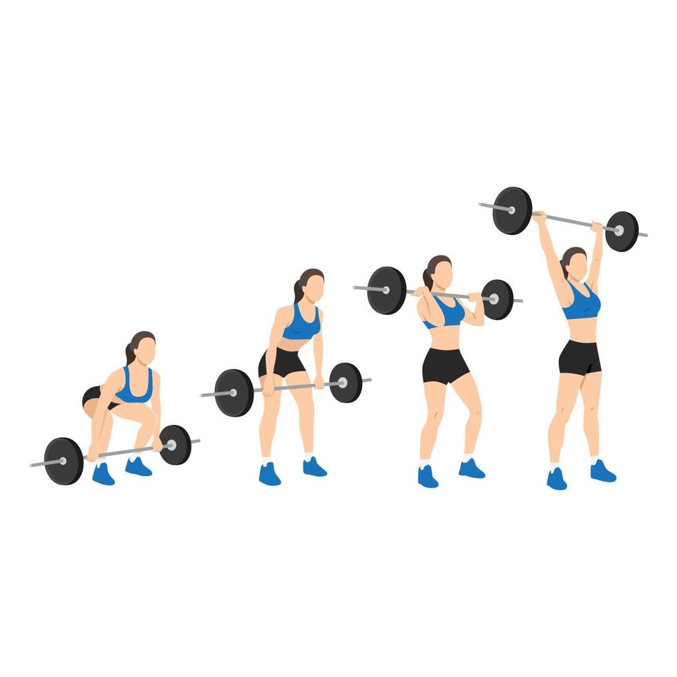 Woman doing full barbell clean and presses or jerk or overhead presses vector