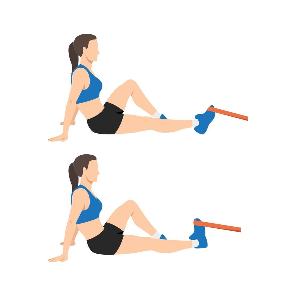 Woman doing Double leg stretch with resistance band exercise. Flat