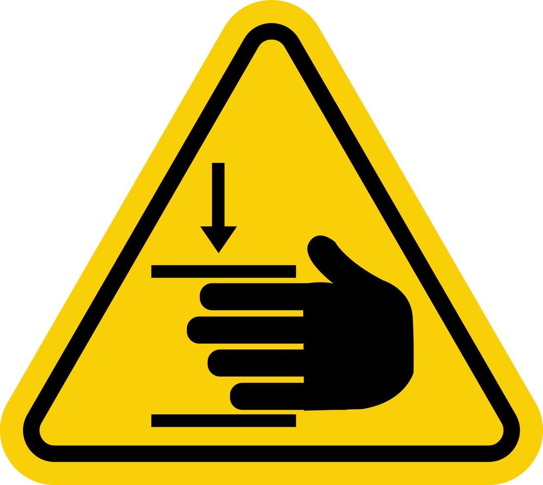 Hand injury sign. Hand crush sign. Hand Pinch Point Sign. Warning sign. Yellow triangle sign with hand icon and pressure inside. Risk of hand injury. The force of crushing hands from above. vector