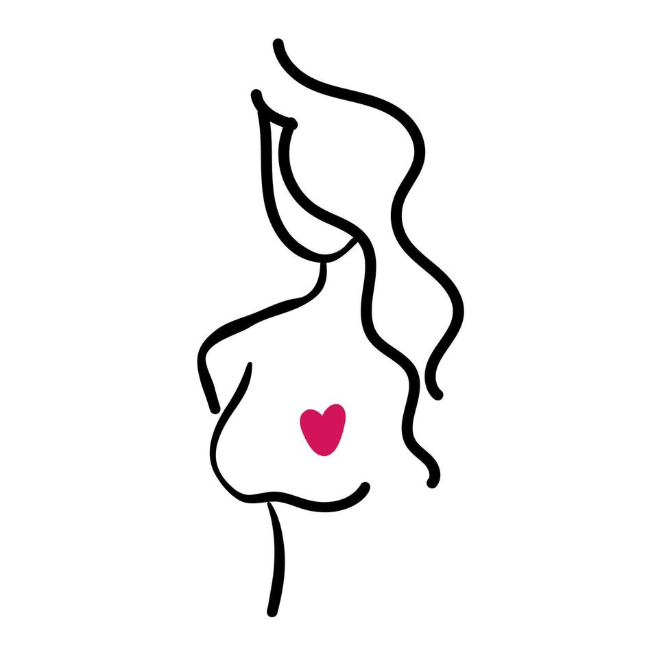 Silhouette woman with love in her heart. Girl with long pink hair and red lips in profile view. Self-care and body-positive concept. St Valentine s day card. vector