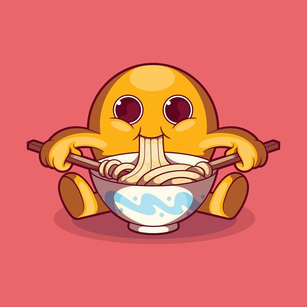 Emoji character eating a bowl of ramen with chopsticks vector illustration. Food, funny, brand design concept.