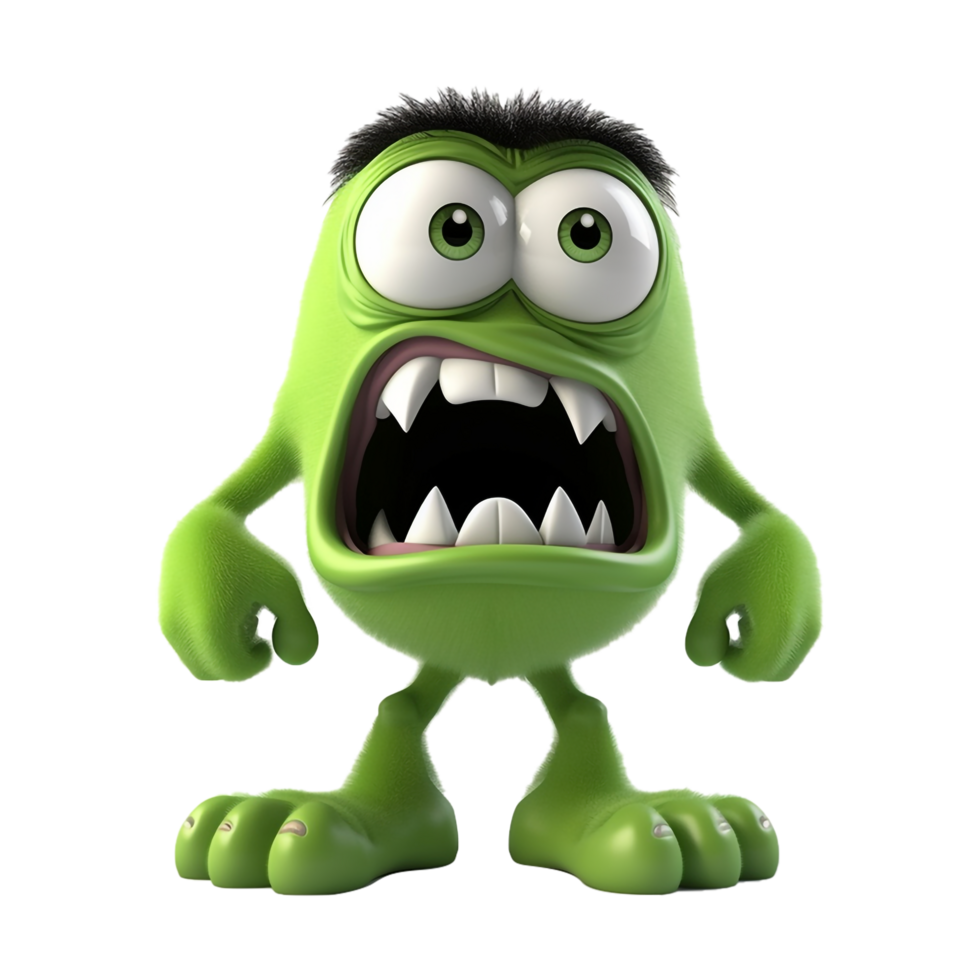 fofa monstro personagem, colori verde, com Bravo expressão, 3d ilustração, generativo ai png