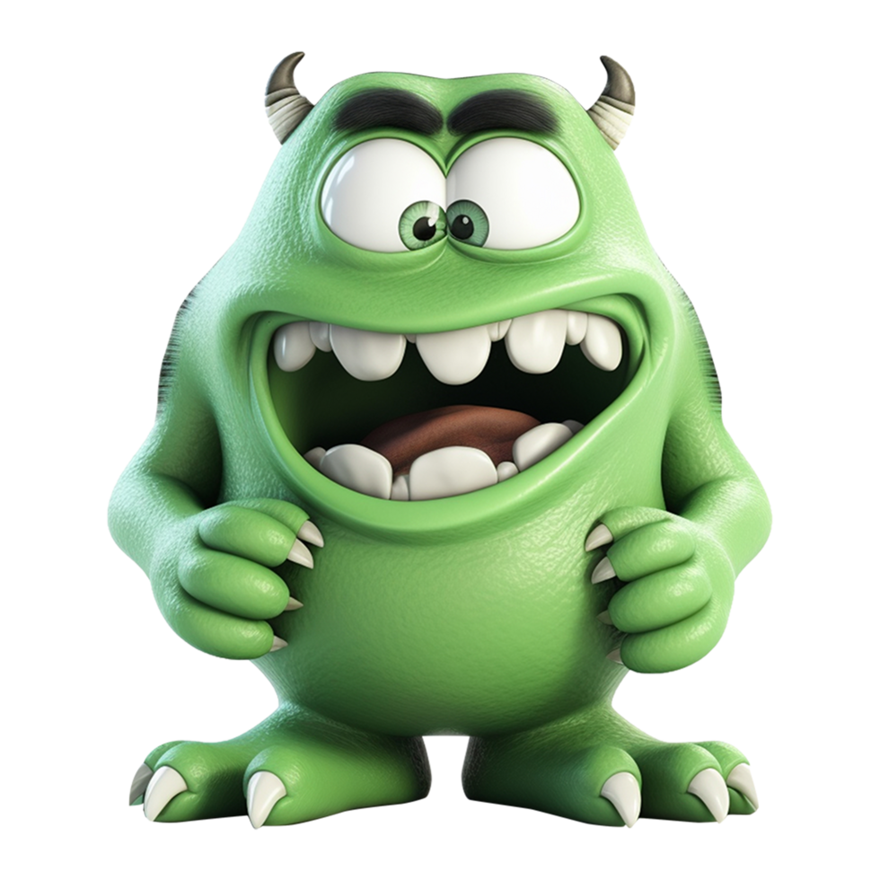 fofa monstro personagem, colori verde, com Bravo expressão, 3d ilustração, generativo ai png