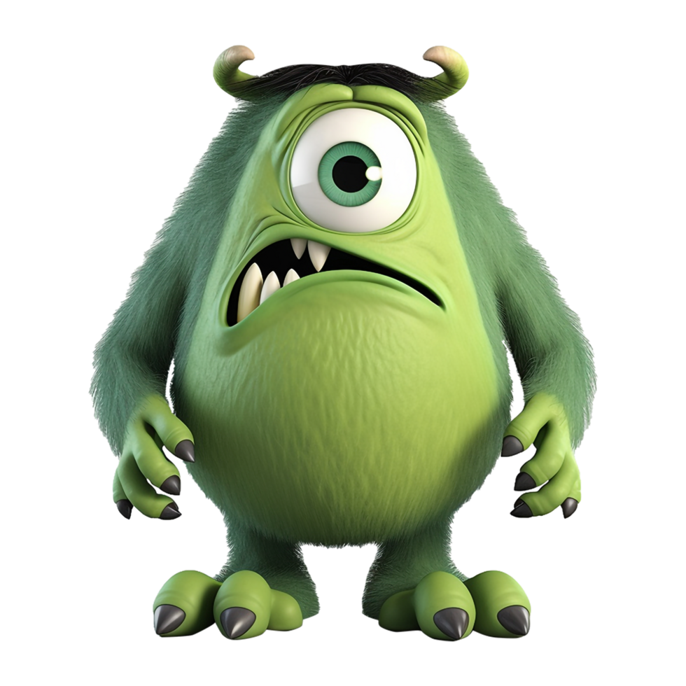 cute monster character, colored green, with angry expression, 3d illustration, png