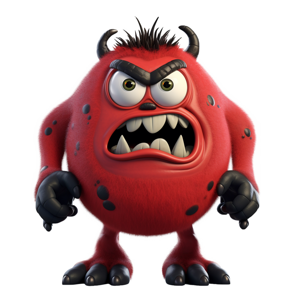 söt monster karaktär, färgad röd, med arg uttryck, 3d illustration, generativ ai png