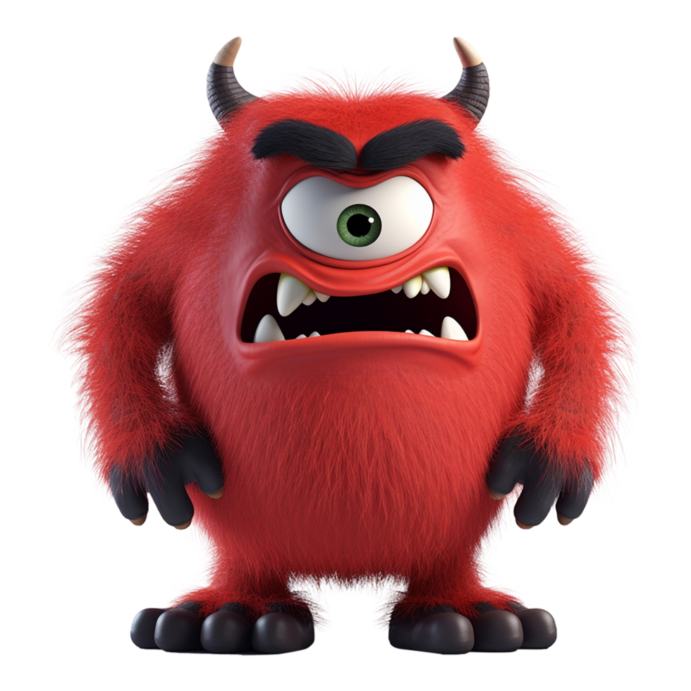 cute monster character, colored red, with angry expression, 3d illustration, png