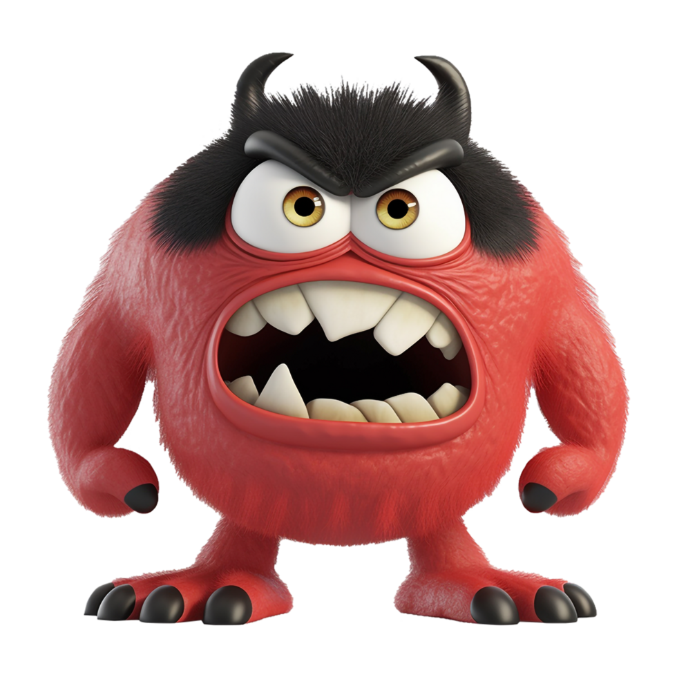 mignonne monstre personnage, coloré rouge, avec en colère expression, 3d illustration, génératif ai png