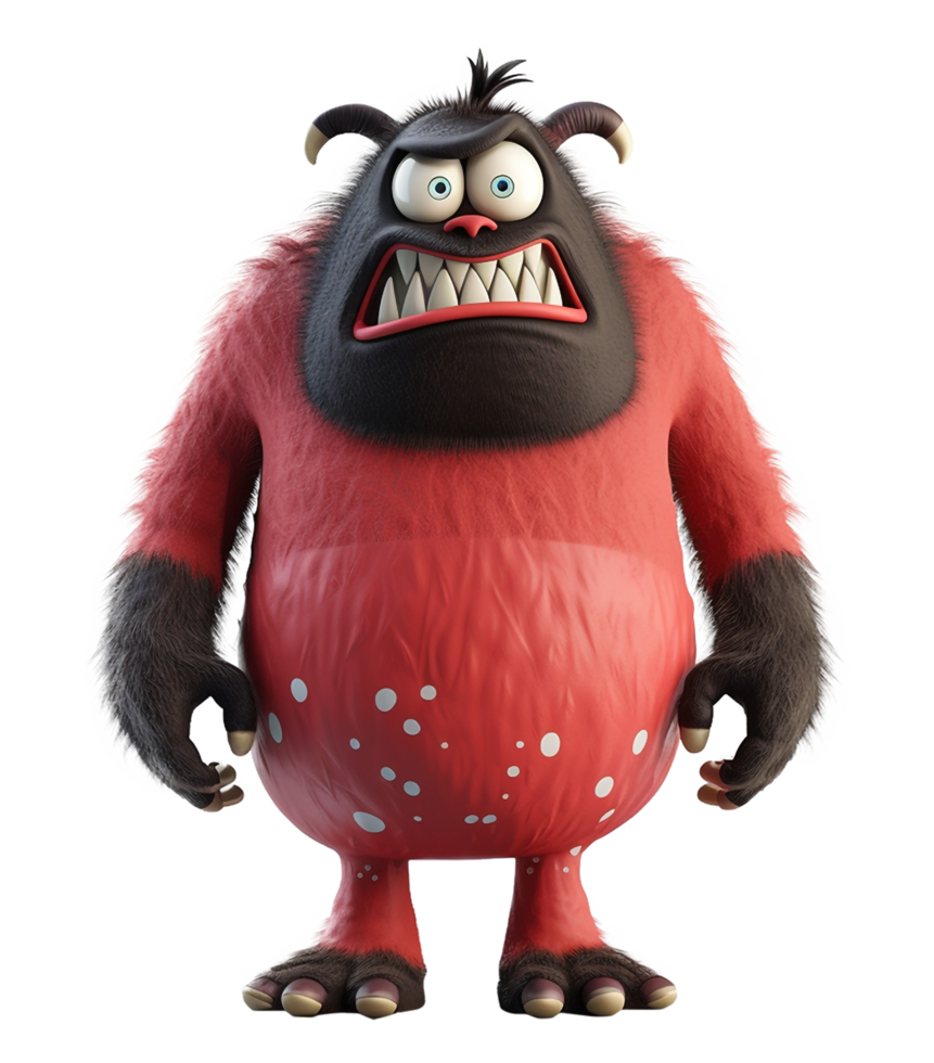 cute monster character, colored red, with angry expression, 3d illustration, png