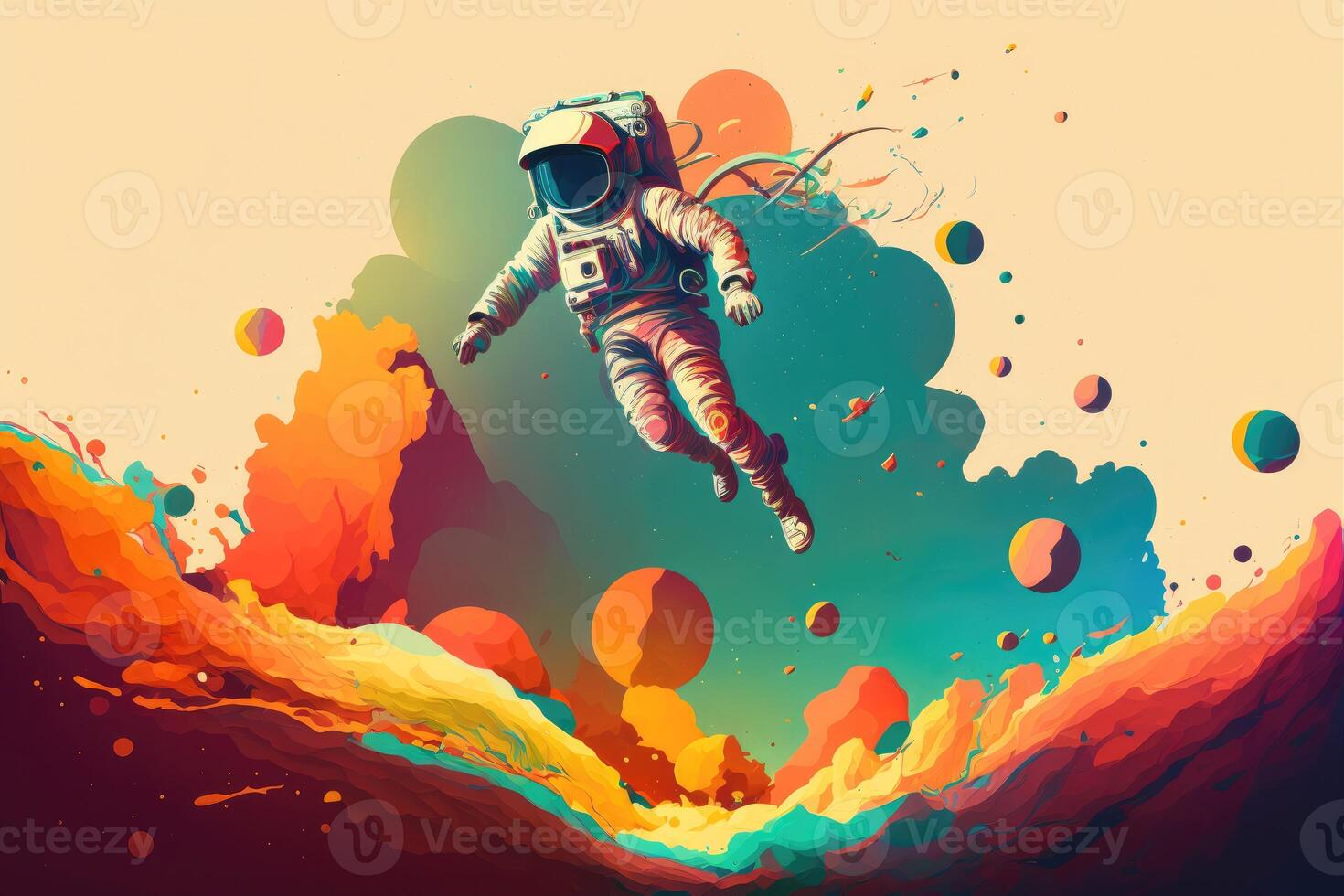AI Generated Zero gravity. Weightless wonder. Spaceman jumps at mars