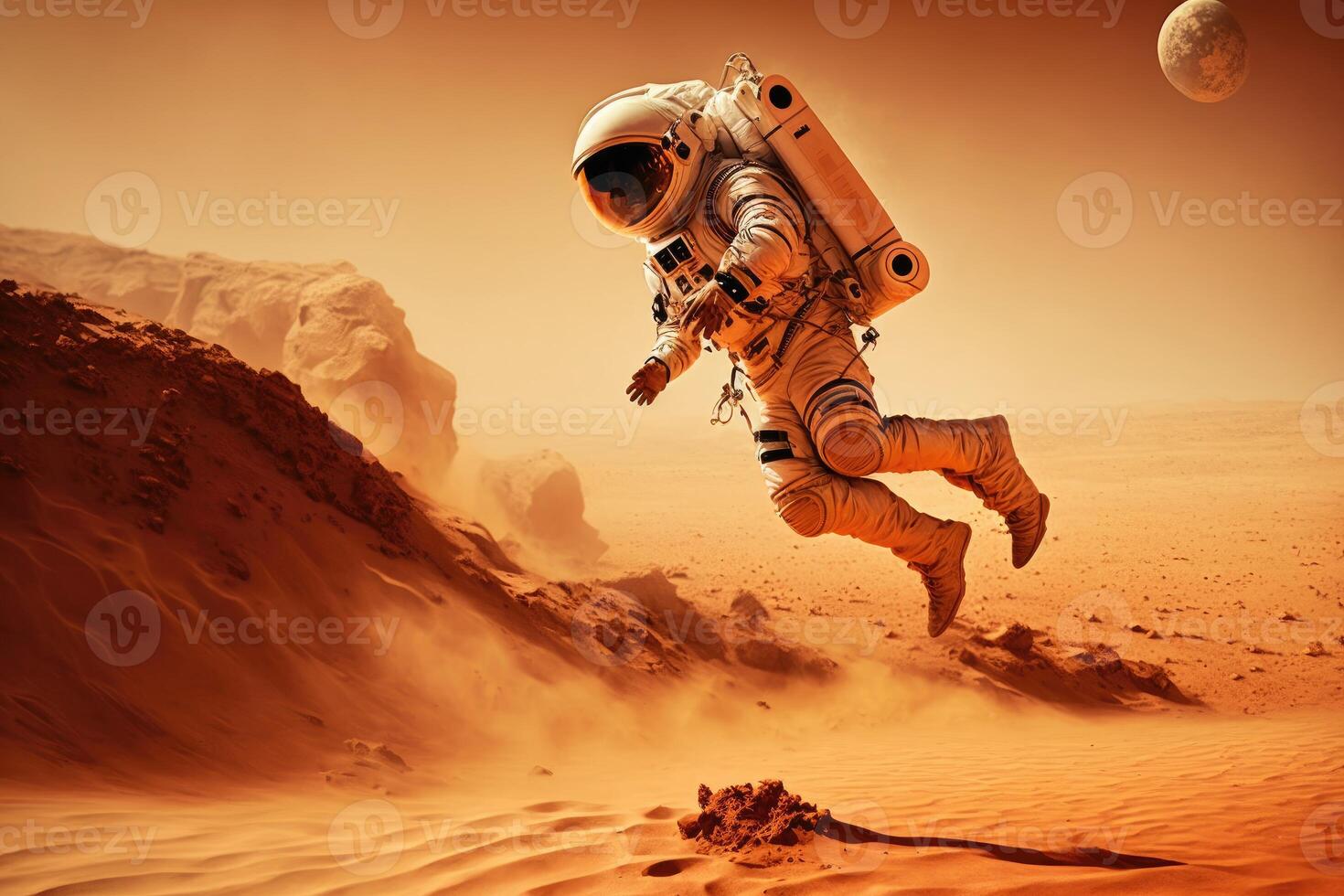 AI Generated Zero gravity. Weightless wonder. Spaceman jumps at mars