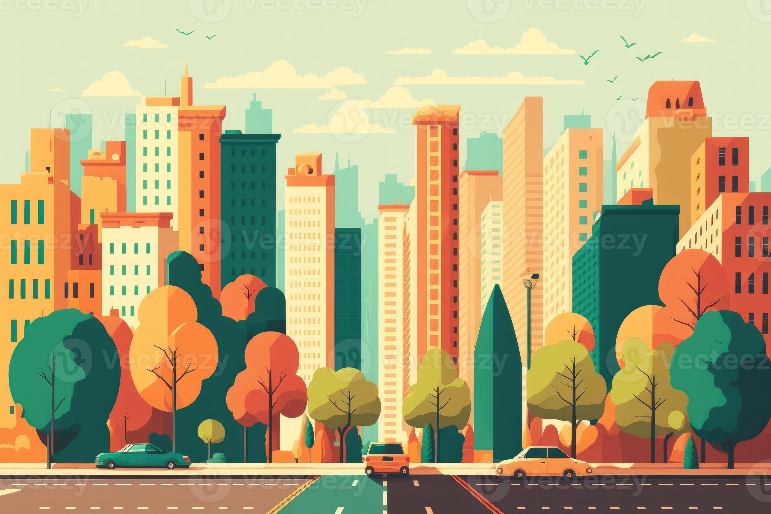 An urban panorama. Depicts a wide view of a bustling cityscape with