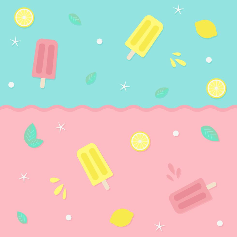 Fruta hielo, helado amarillo, rosa, colores con menta y limón vector