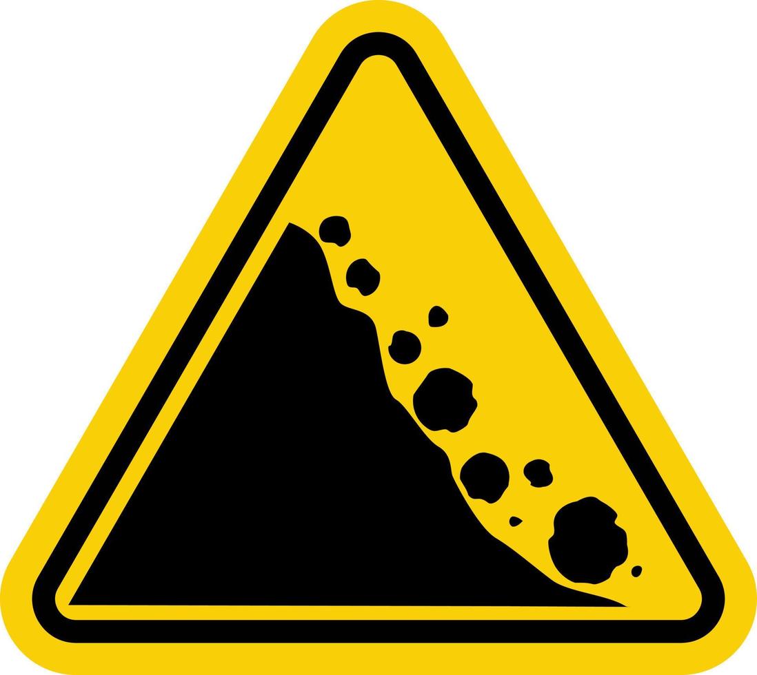 Falling stones sign. Warning road sign falling stones. Yellow triangle sign with a falling stone icon inside. Road sign Caution landslide. The zone of falling stones, the collapse of mountains. vector