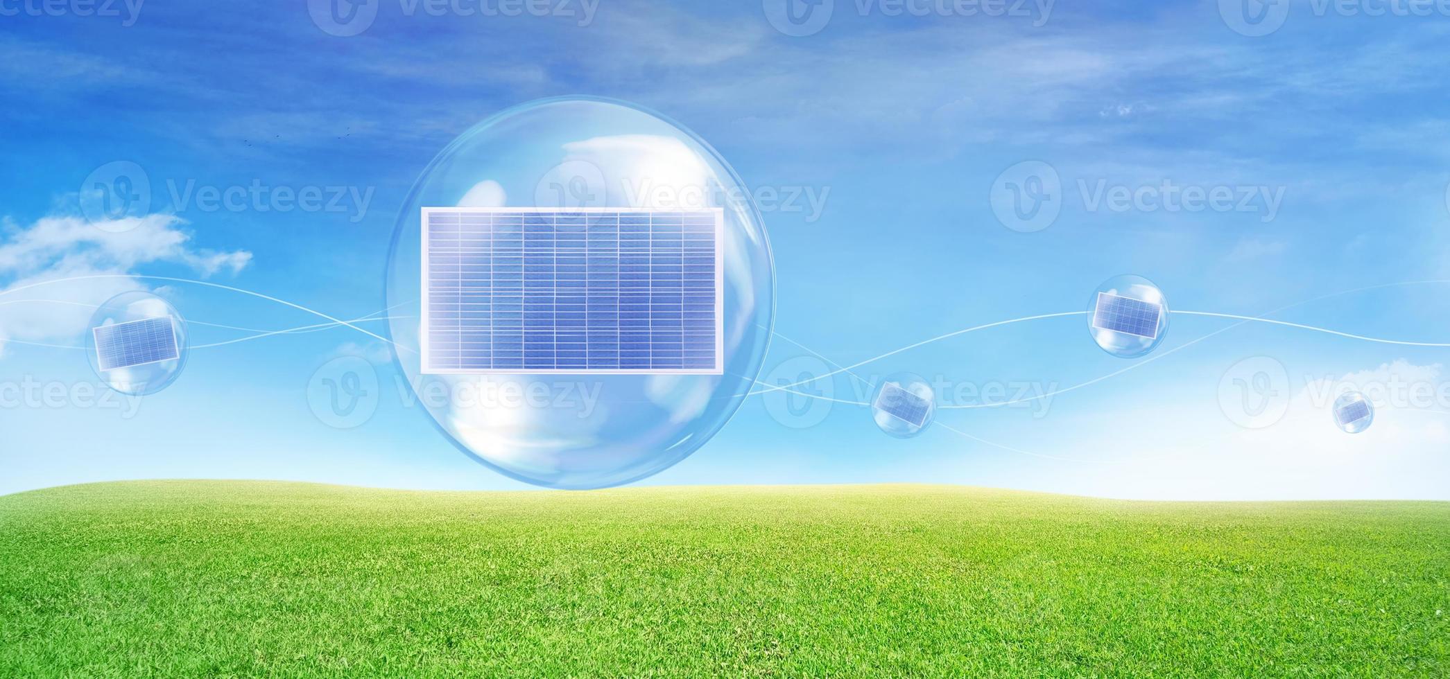 Solar panels in bubbles Floating in the air with a lawn and sky in the background. Solar energy concept. Clean energy. photo