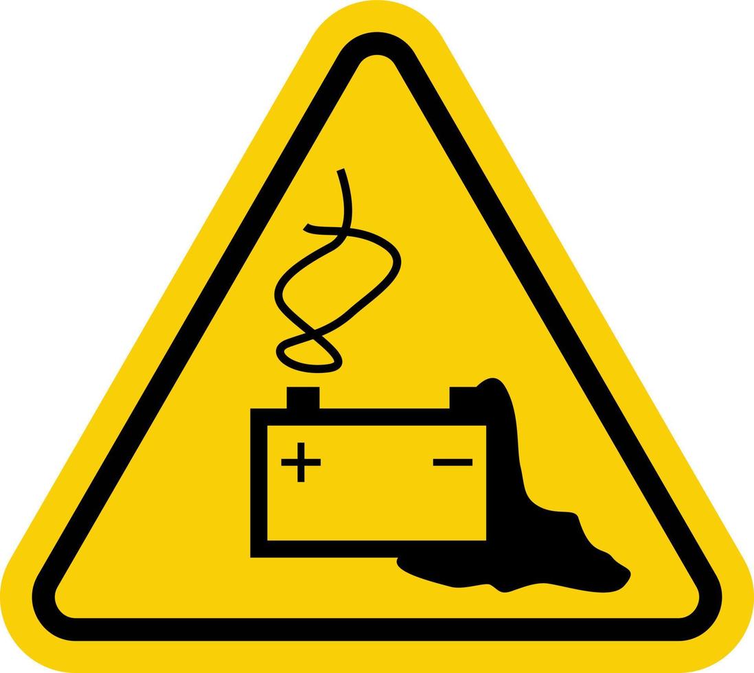 Battery pack sign. Battery short circuit pack warning sign. Yellow triangle sign with battery pack icon inside. Danger when charging batteries. Damaged battery pack. Acid is leaking from battery pack. vector
