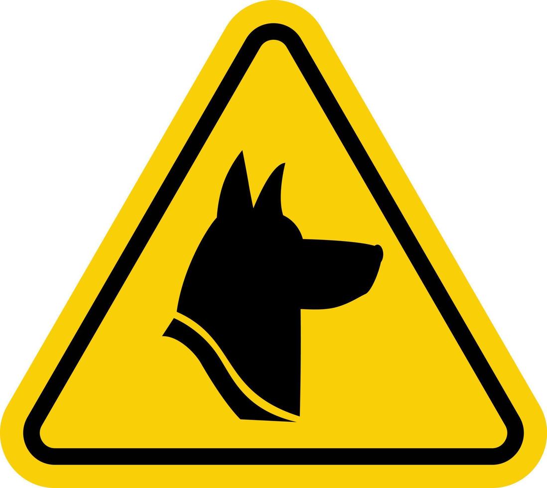 Sign Caution dog. Dangerous guard dog. Yellow triangle sign with a dog icon inside. Warning sign angry dog. Sign danger dog. vector