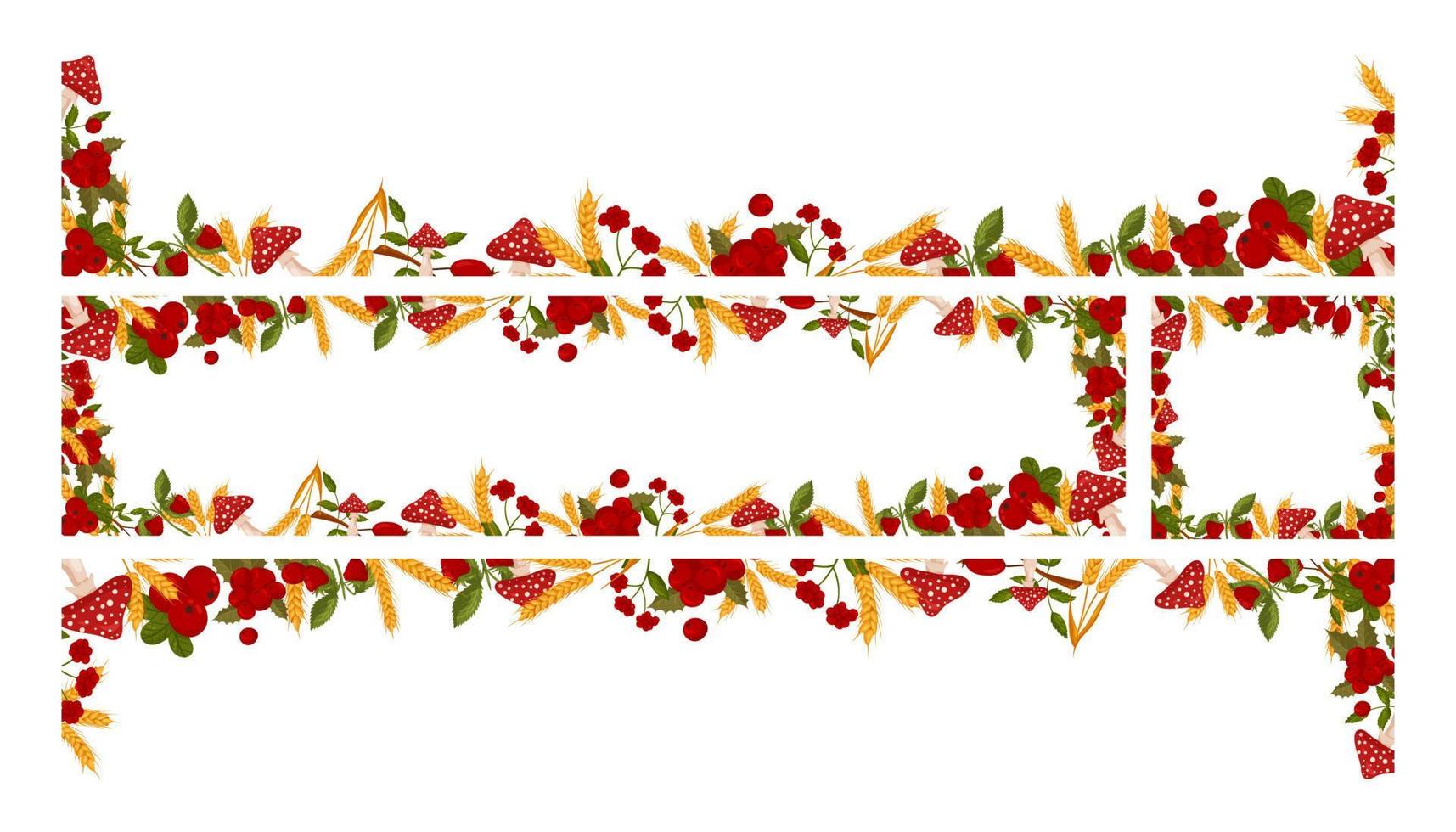 Set of spring horizontal frames with raspberries, cranberries and toadstools. Summer vector banners