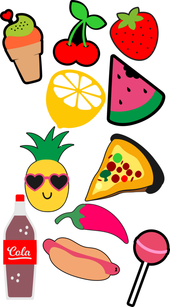 Free fruit stickers watermelon, orange, cherry, pepper and pineapple with pepper and lollipop