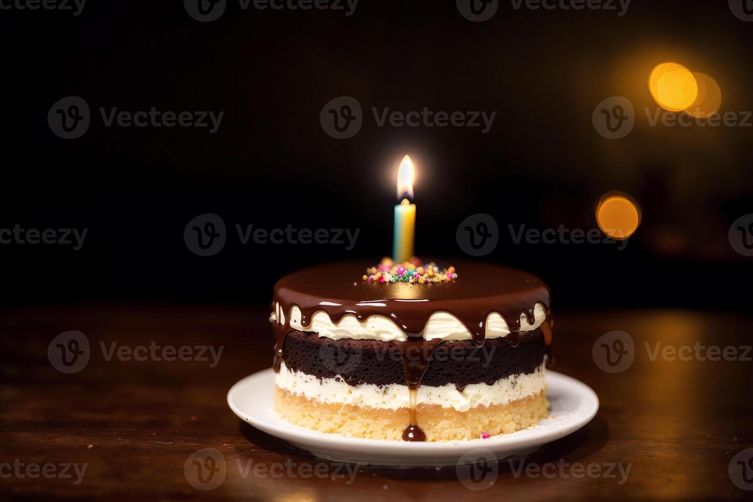 Piece of cake on a white plate on a wooden table. Homemade cake with nuts and honey. photo
