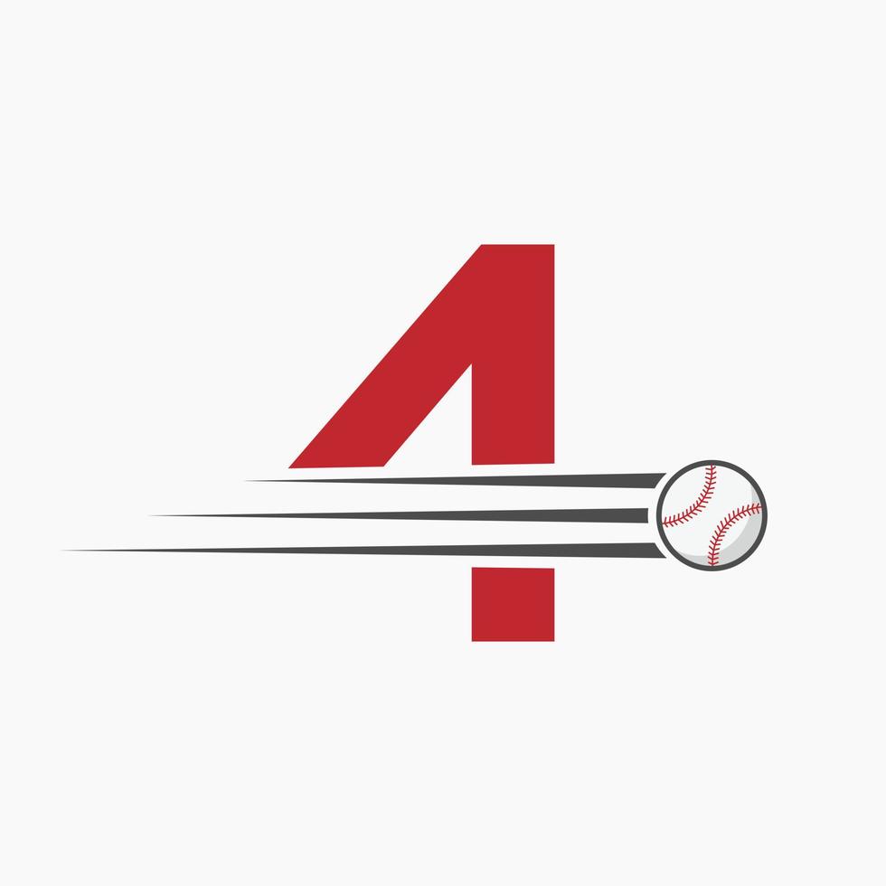 inicial letra 4 4 béisbol logo con Moviente béisbol icono vector