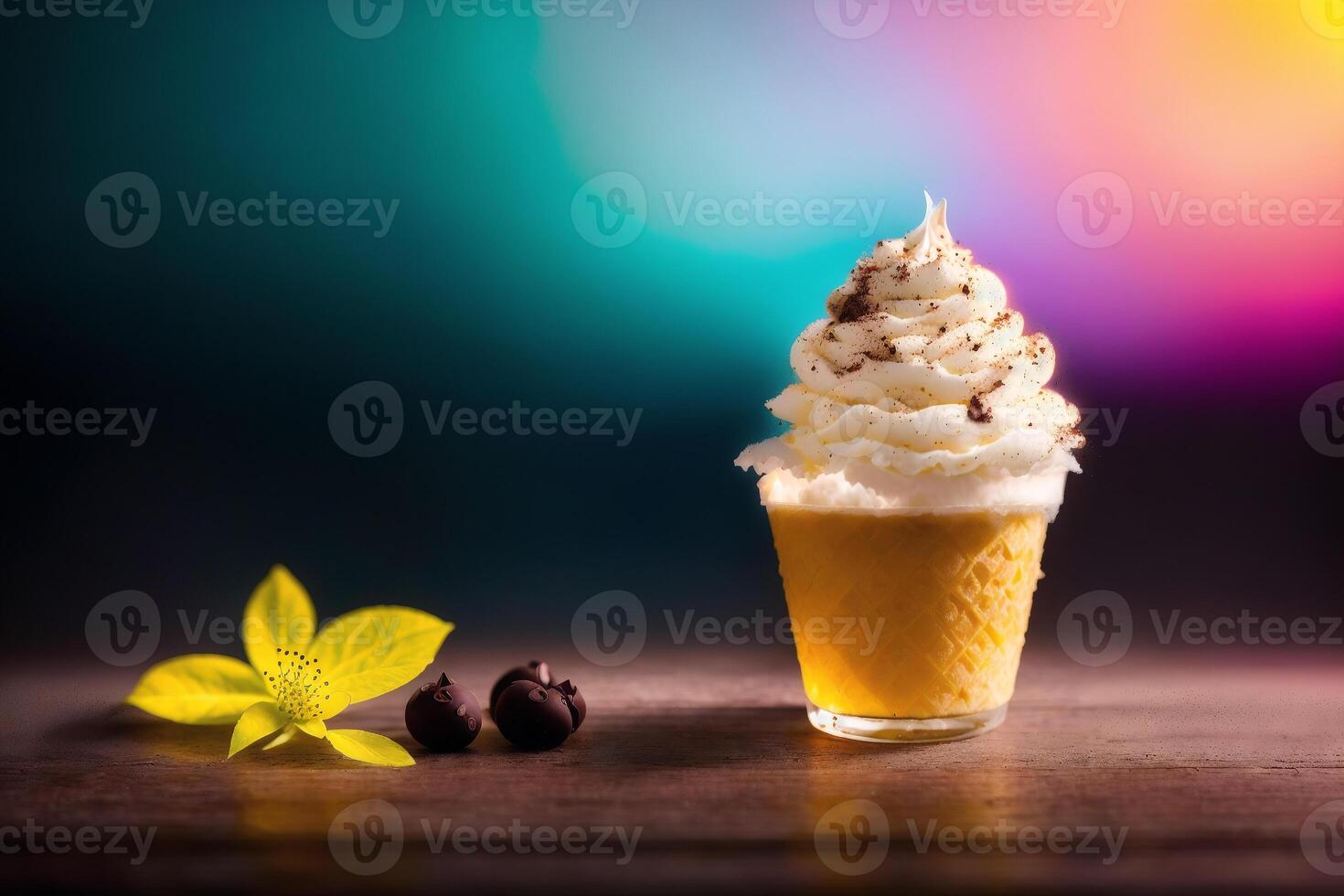 delicious ice cream in a cup, close-up, on the table. sweet food. photo
