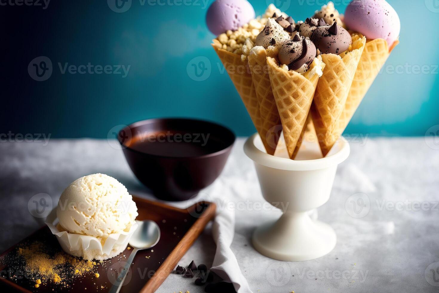 delicious ice cream in a cup, close-up, on the table. sweet food. photo