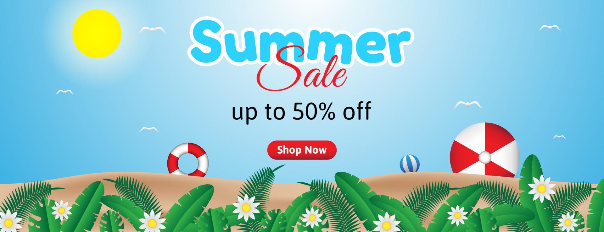 summer sale banner vector design with leaves, flowers, beach ball, sun, bird and sand beach for business promotion