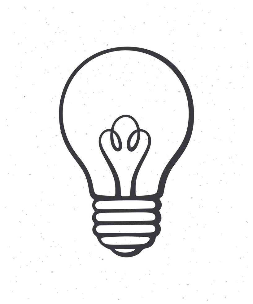 Light bulb. Outline. Symbol of idea, new solution and creativity. Vector illustration. Hand drawn sketch. Isolated white background. Graphic design for packaging, signboards, showcases, textiles