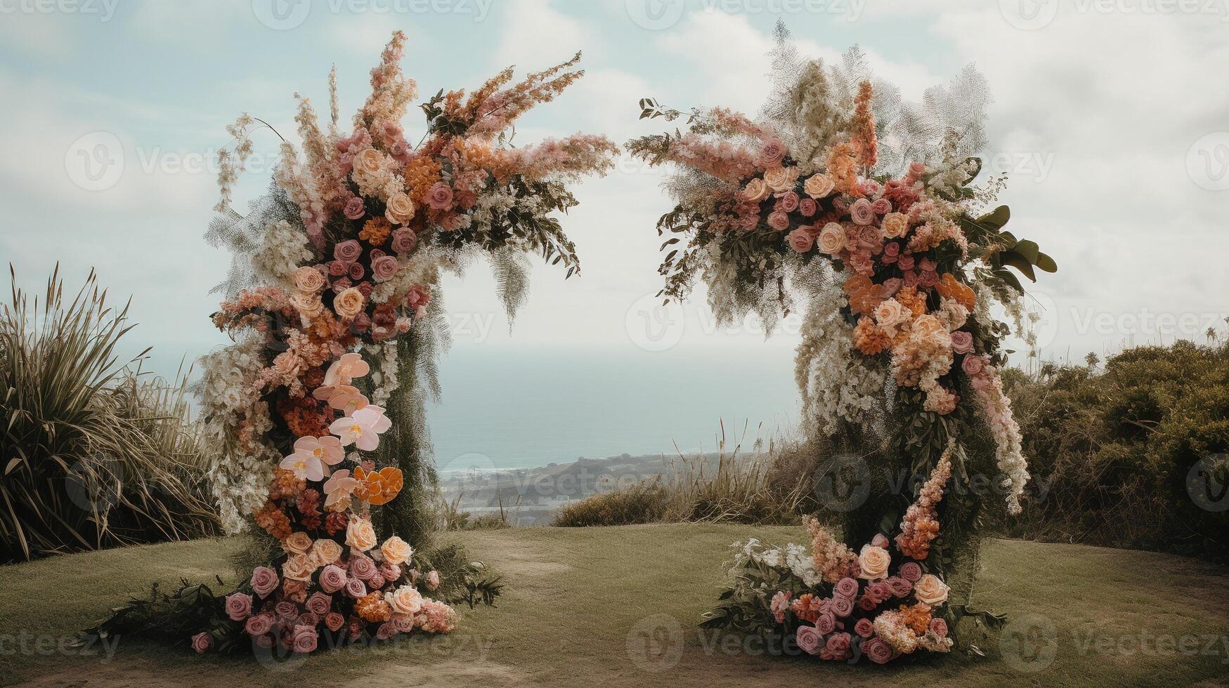 , Wedding ceremony boho rustic style arch with flowers and plants, flower bouquets. photo