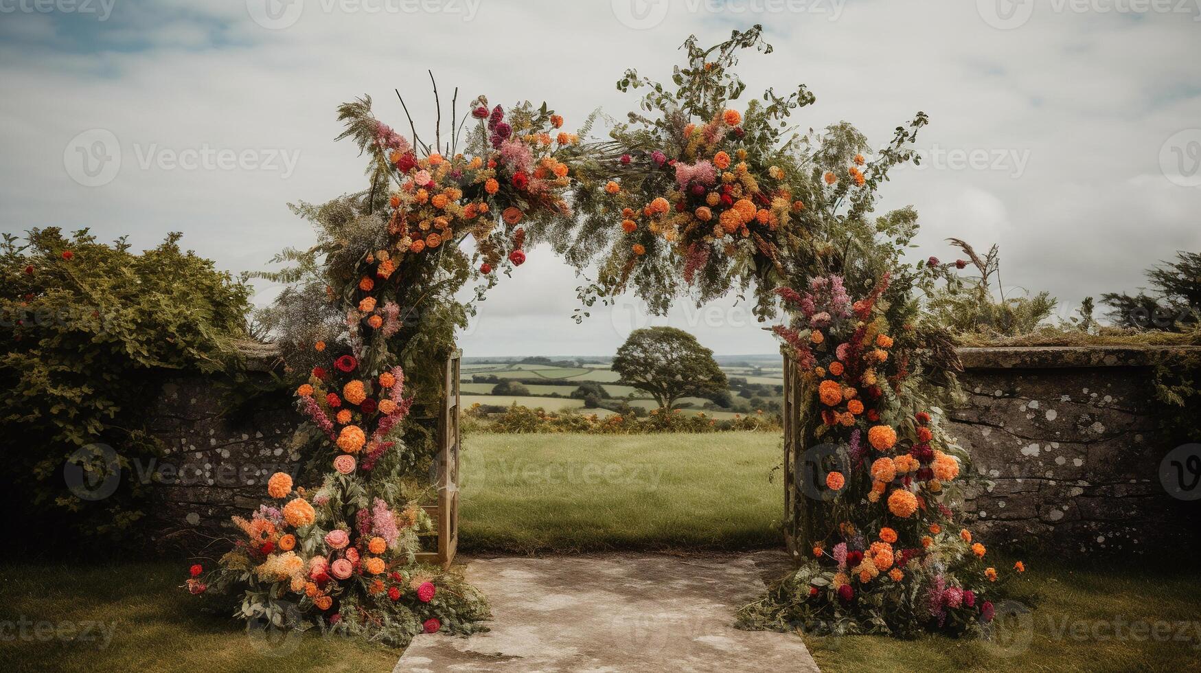 , Wedding ceremony boho rustic style arch with flowers and plants, flower bouquets. photo