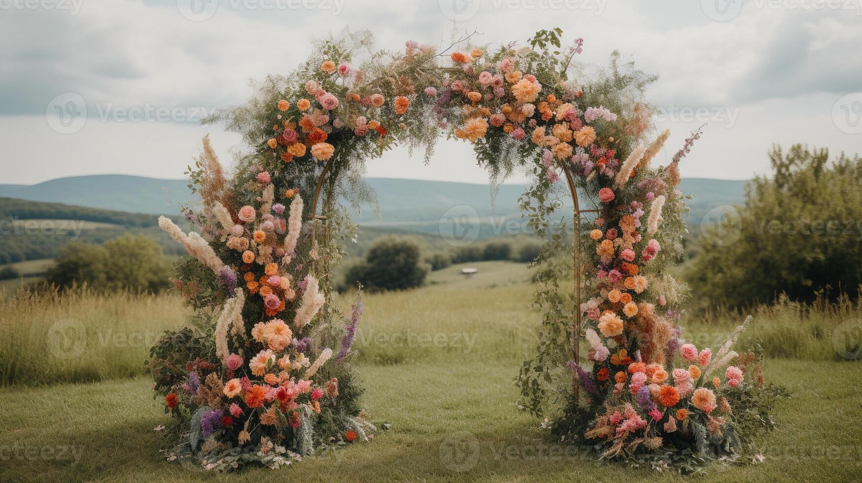 , Wedding ceremony boho rustic style arch with flowers and plants, flower bouquets. photo