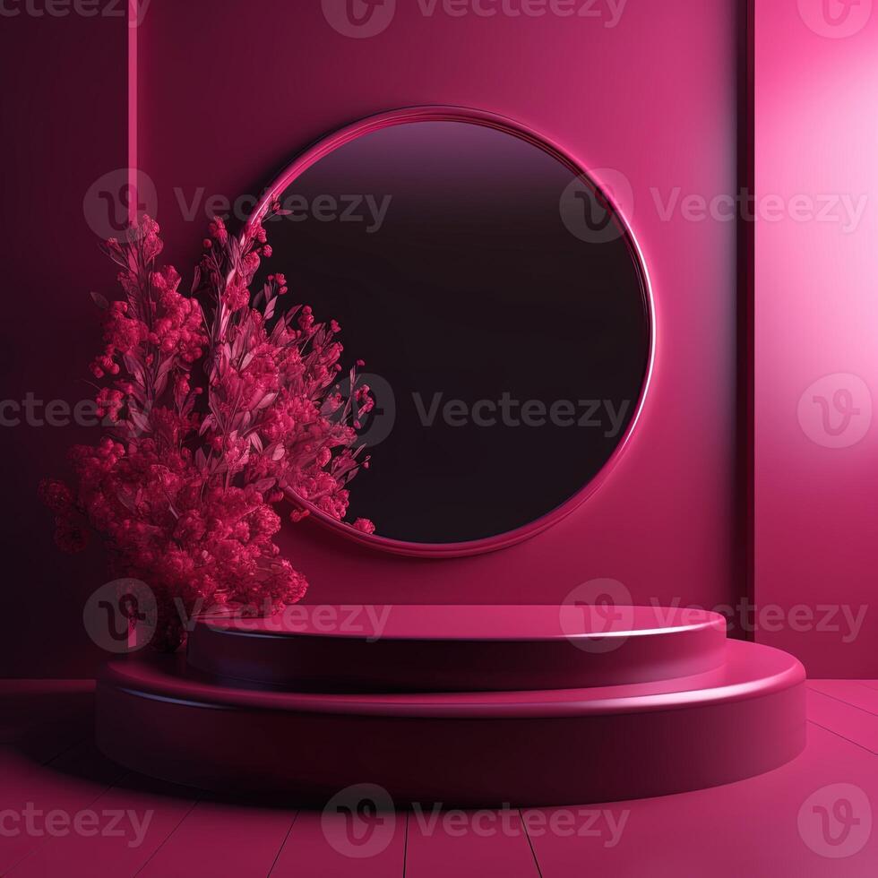 , product viva magenta minimal scene with geometric podium platform and flowers, mock up stand for products. photo