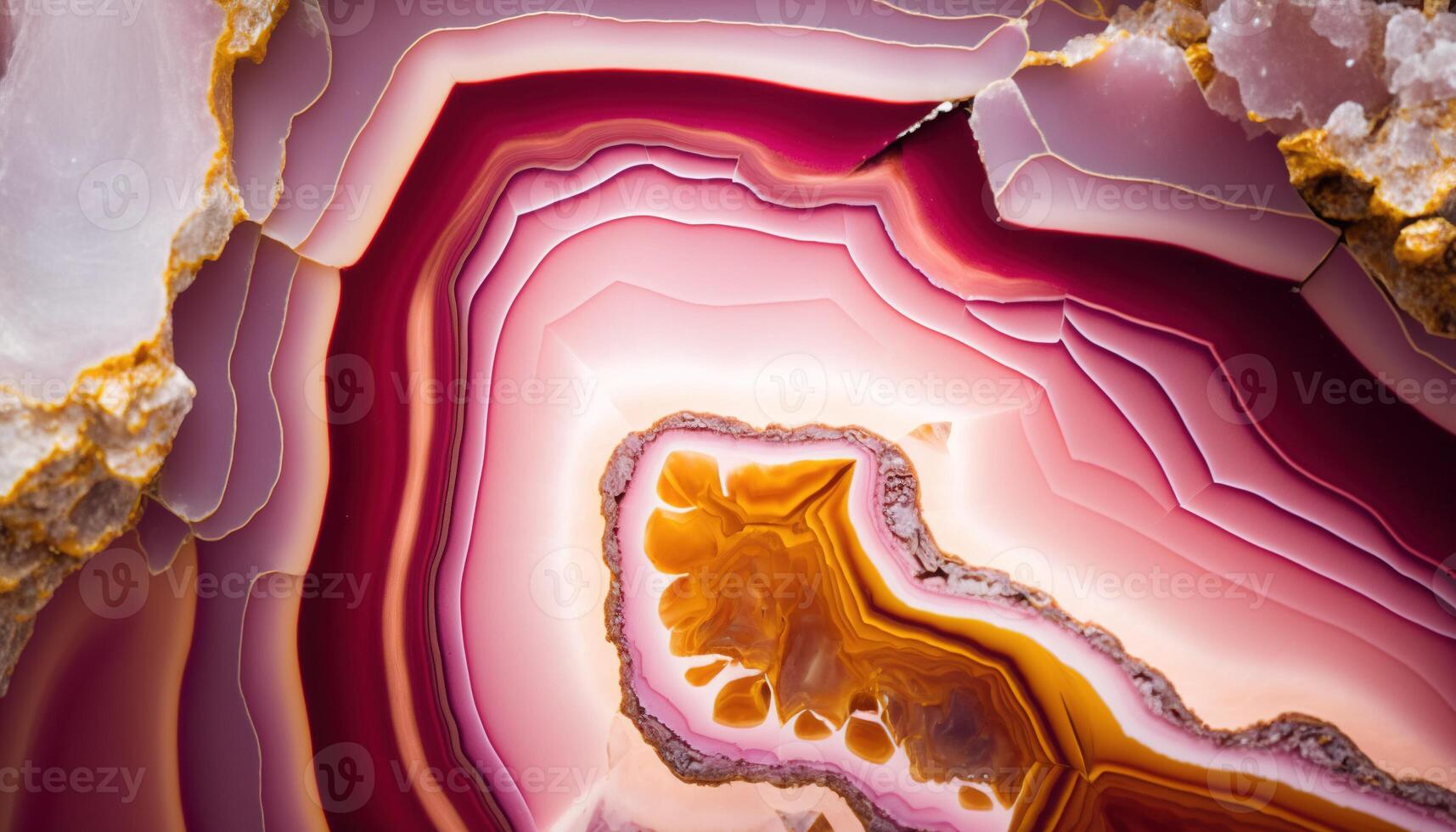 , natural volcanic agate stones close-up light pink magenta and golden texture. Wallpaper background, quartz marble, decorative rock pattern photo