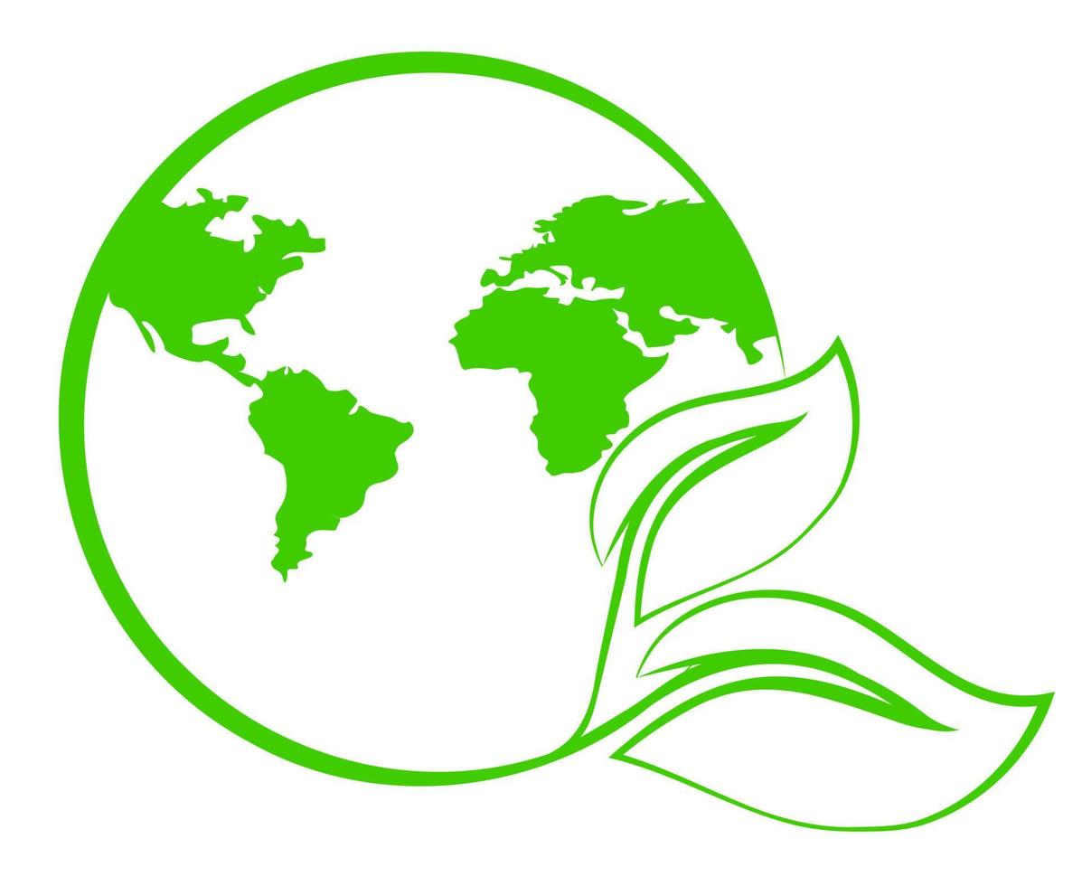planeta tierra con mapa y verde hojas, logo o emblema, símbolo. tierra día concepto, verdeado el planeta, cuidando para el ambiente. ecológicamente limpiar planeta vector
