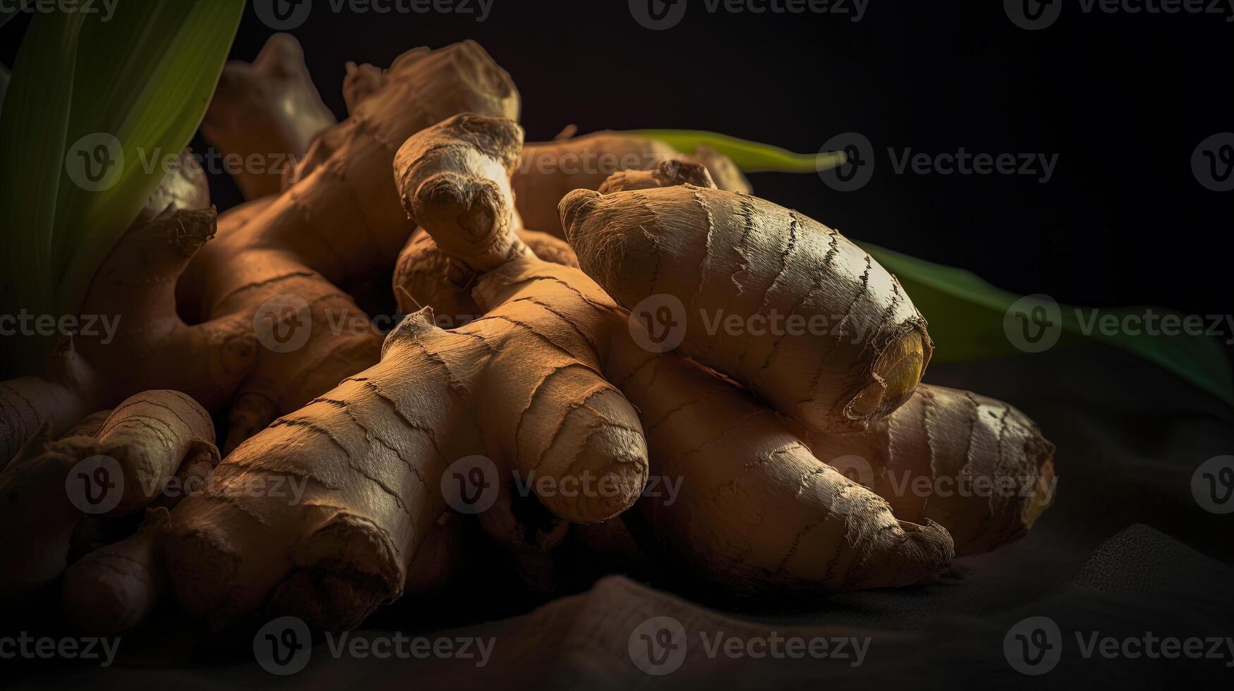 , ginger root spice photorealistic illustartion on dark background. photo