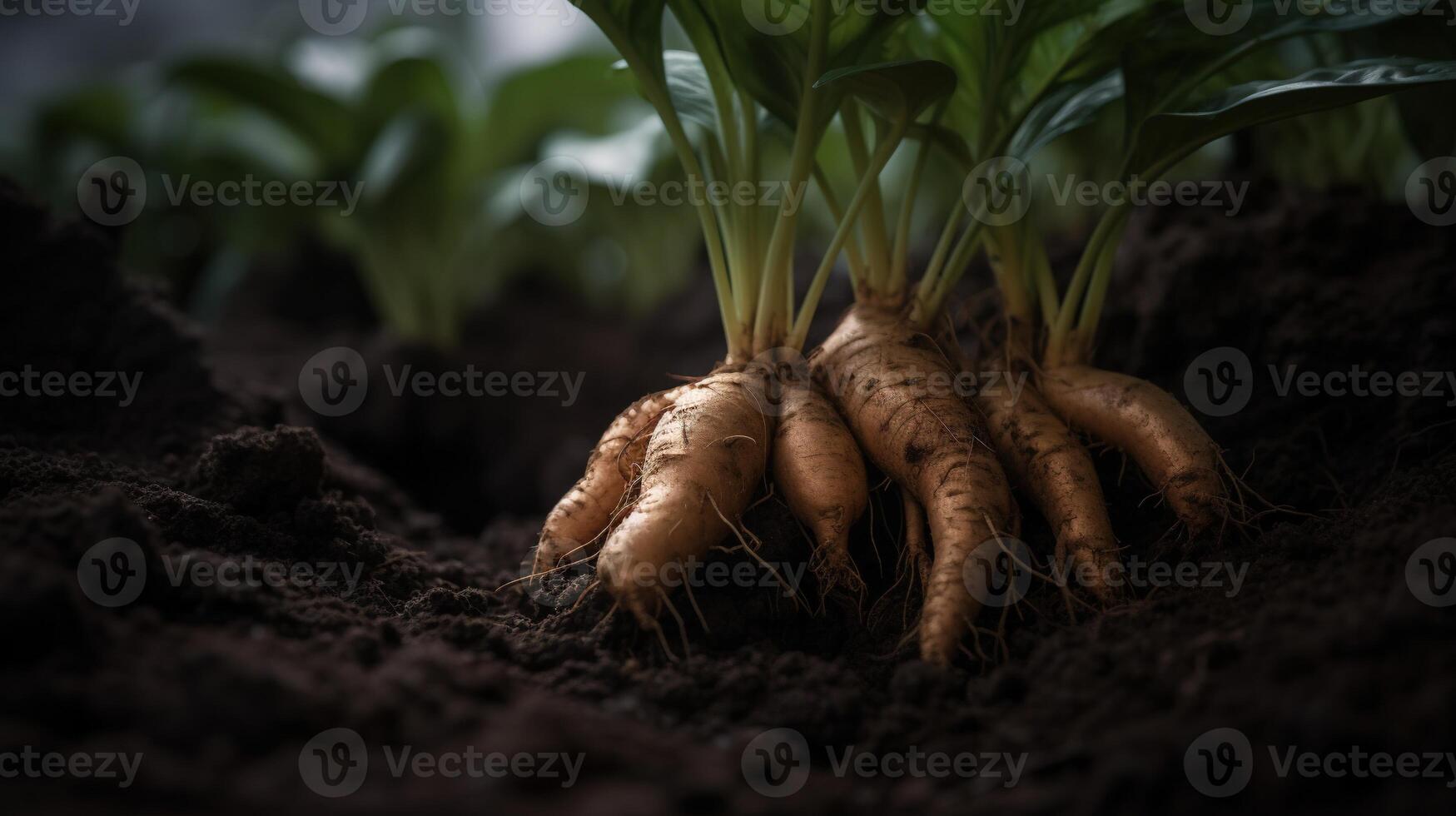 , ginger root spice photorealistic illustartion on dark background. photo