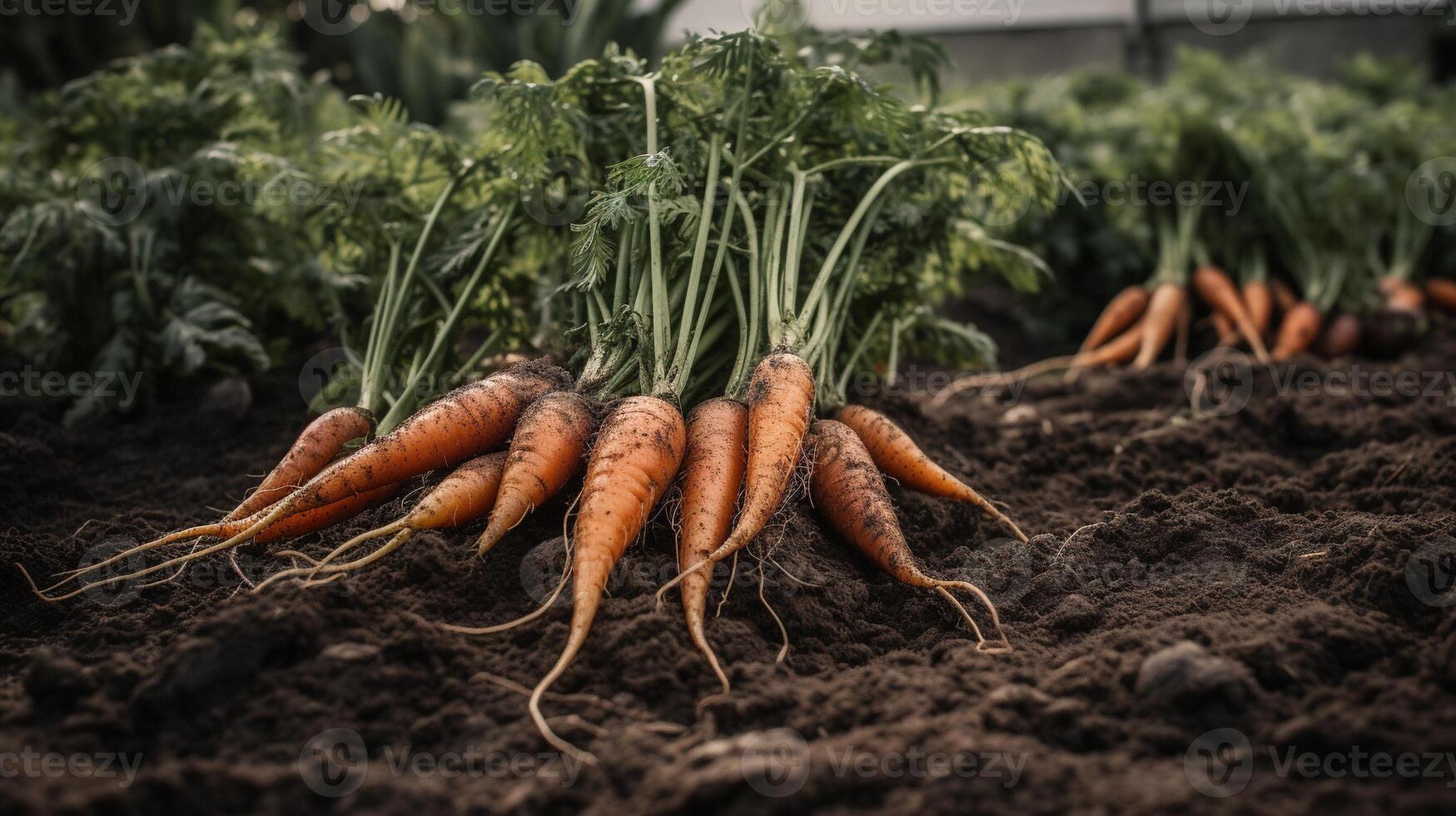 , Row of fresh carrots with green leafs on the ground, vegetables in the garden, a good harvest of eco products. photo