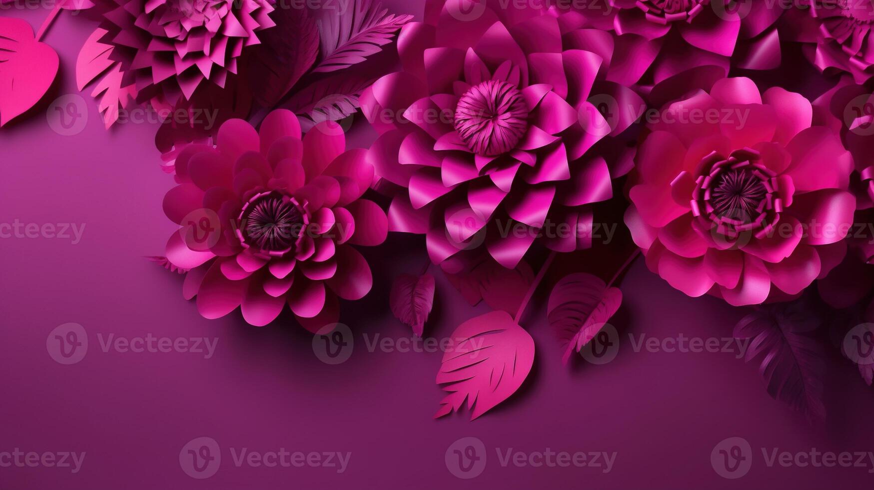 , Paper cut craft flowers and leaves, viva magenta color, floral origami textured background, spring mood. Photorealistic effect. photo