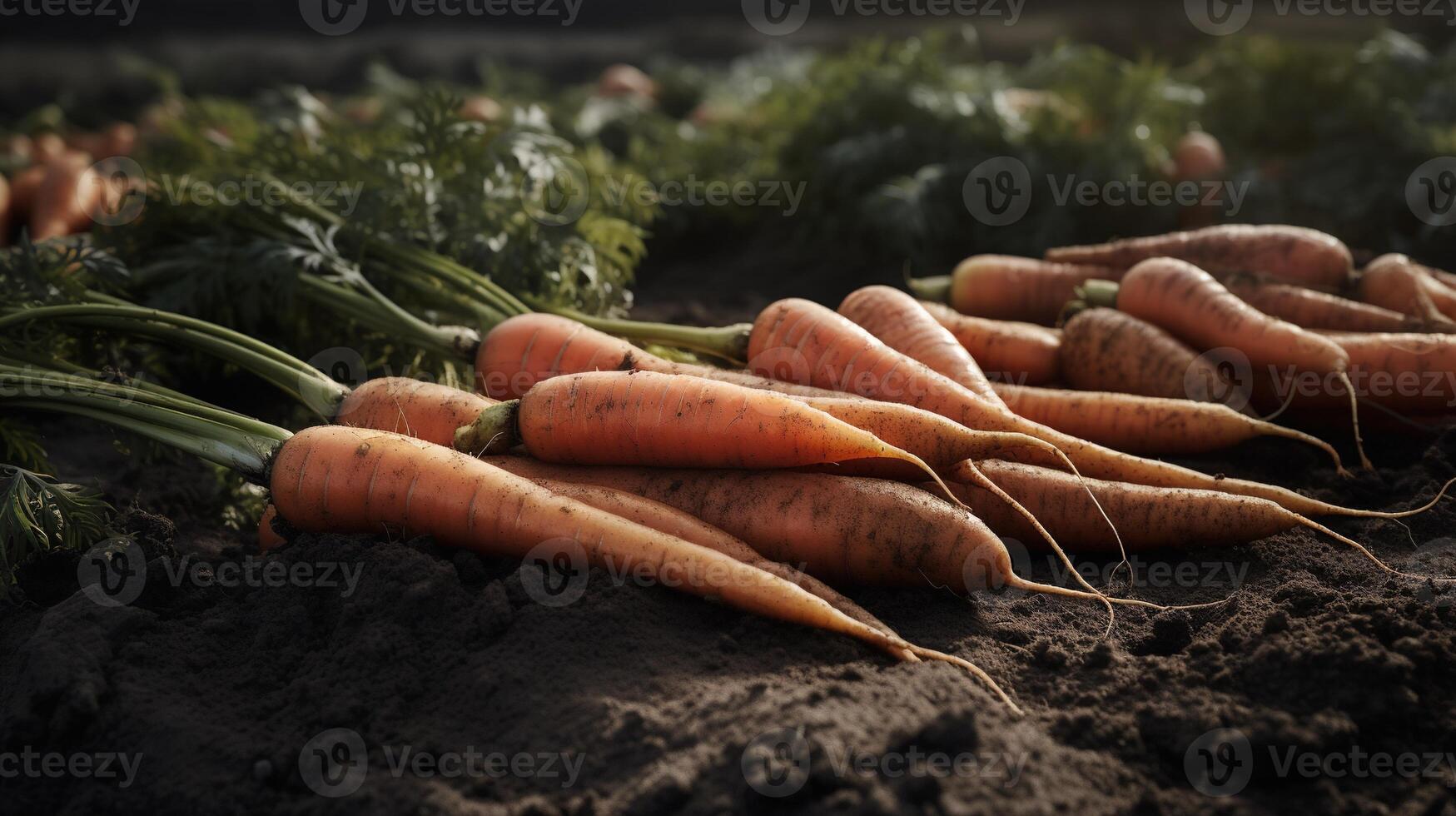 , Row of fresh carrots with green leafs on the ground, vegetables in the garden, a good harvest of eco products. photo