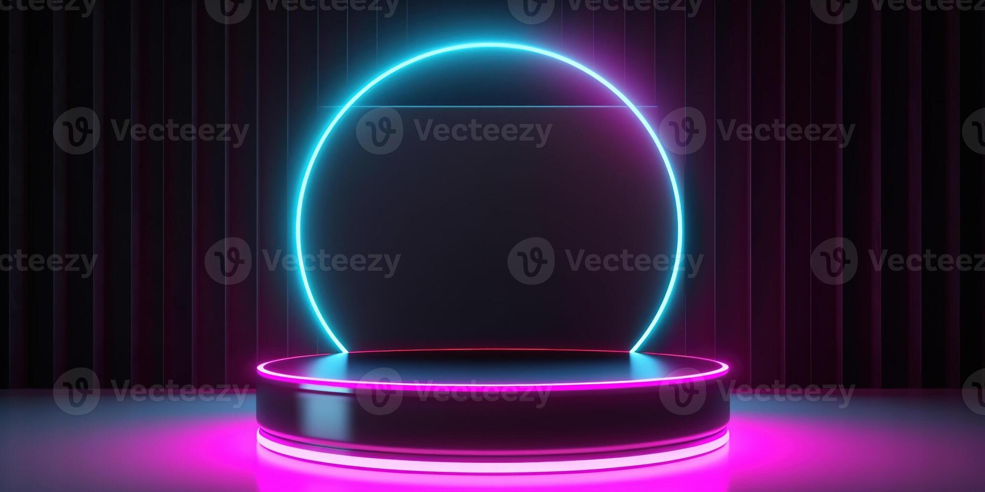 , Sci-Fi Futuristic neon glowing banner with podium. Abstract cyberpunk background for promotion goods. Mockup template photo
