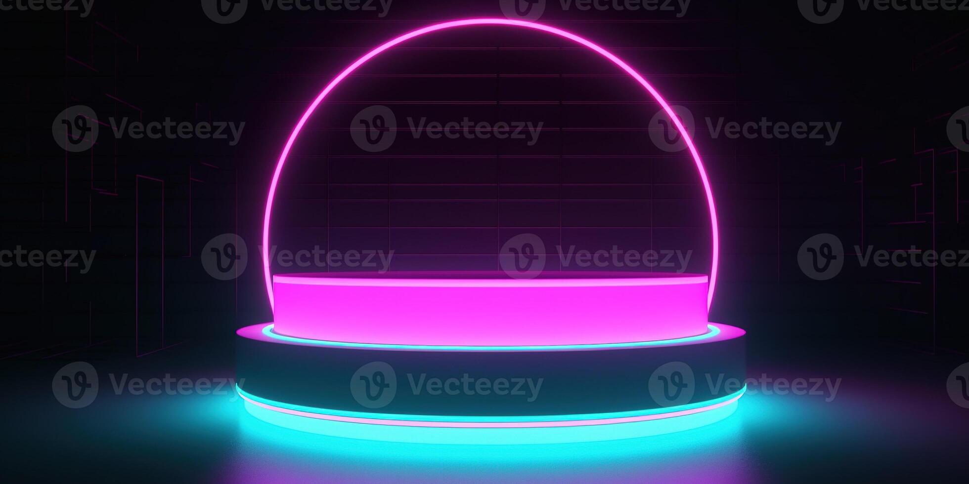 , Sci-Fi Futuristic neon glowing banner with podium. Abstract cyberpunk background for promotion goods. Mockup template photo